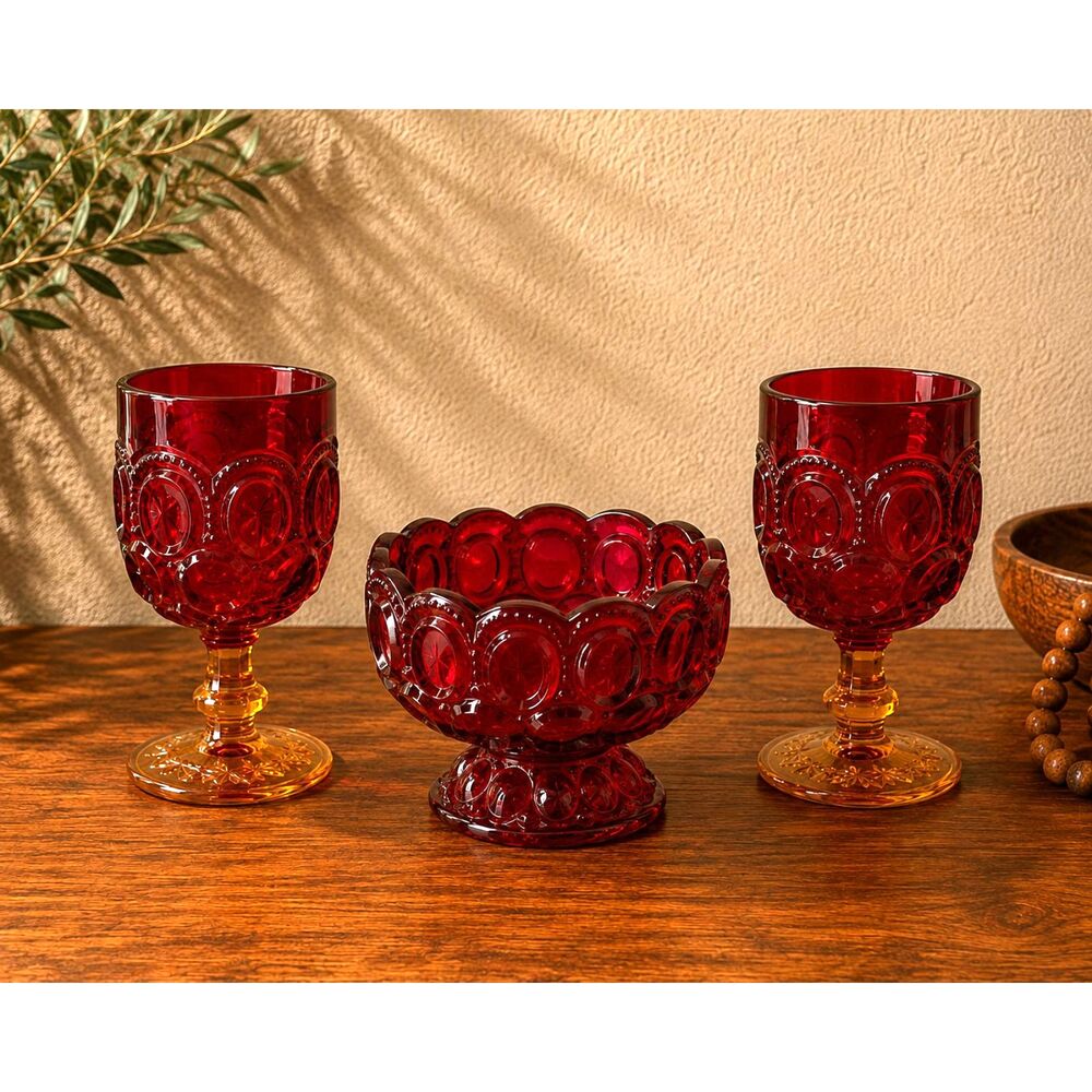 VTG LE Smith Moon And Stars Amberina Two Glass Goblets And 6 Candy Dish